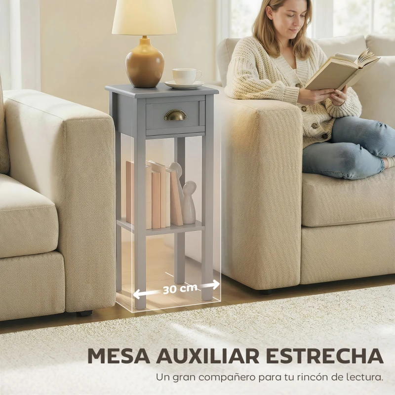 HOMCOM Mesa Auxiliar Estilo Moderno Mesita Auxiliar con Cajón y Estante de Almacenamiento 30x30x75 cm Gris