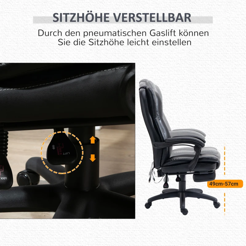 Vinsetto bureaustoel stoel directiestoel draaibare stoel met massagefunctie ligfunctie kunstleer schuim PP kunststof nylon zwart 68,5 x 68,5 x 119-127 cm