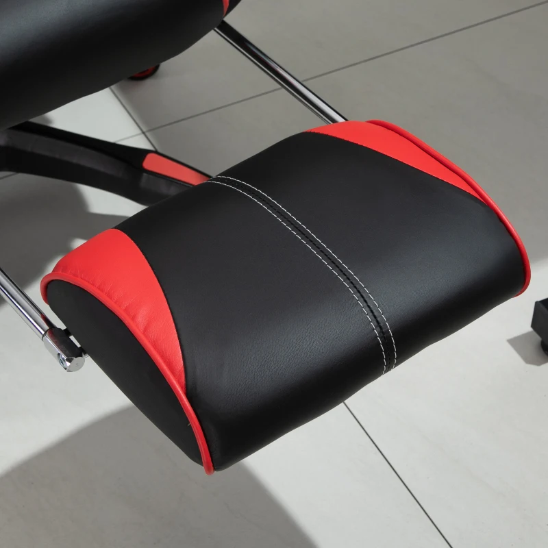HOMCOM Fauteuil gamer, chaise gaming, siège de bureau réglable, avec repose-pieds et coussin, pivotant inclinable revêtement synthétique noir rouge