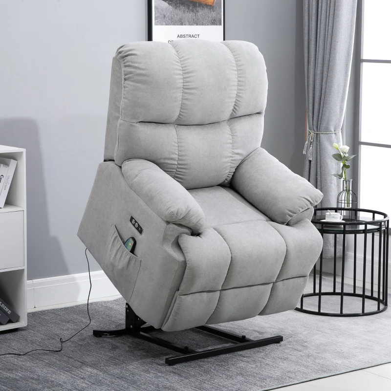 HOMCOM massagestoel opstahulp relaxstoel met verwarmingsfunctie verstelbare hoek USB afstandsbediening kort pluche grijs 83 x 95 x 105 cm(m-2)
