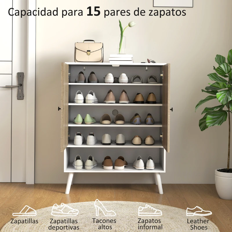 HOMCOM Zapatero Entrada Recibidor con Estantes Ajustables Compartimento Abierto para 15 Pares de Zapatos Blanco y Natural