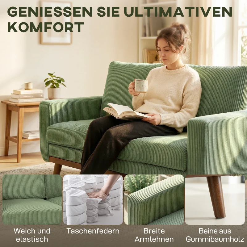 HOMCOM 2-Sitzer-Sofa, 134 cm Cord-Sofa mit Taschenfedern, dicker Rückenlehne, Holzlatten-Akzent, Grün