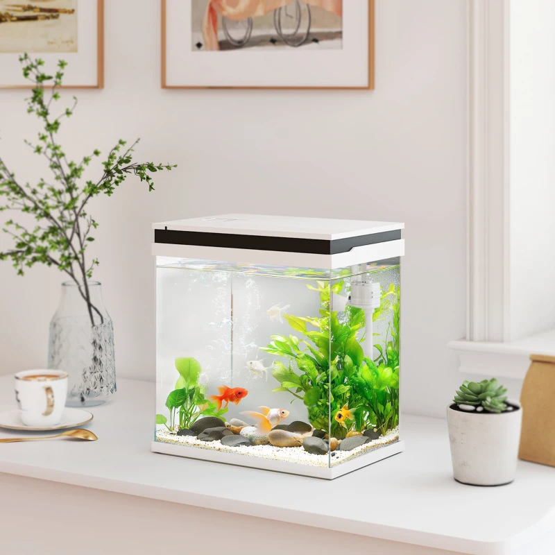 PawHut 14L Glass Fish Tank With Filter System, LED Lights, Water Pump, White