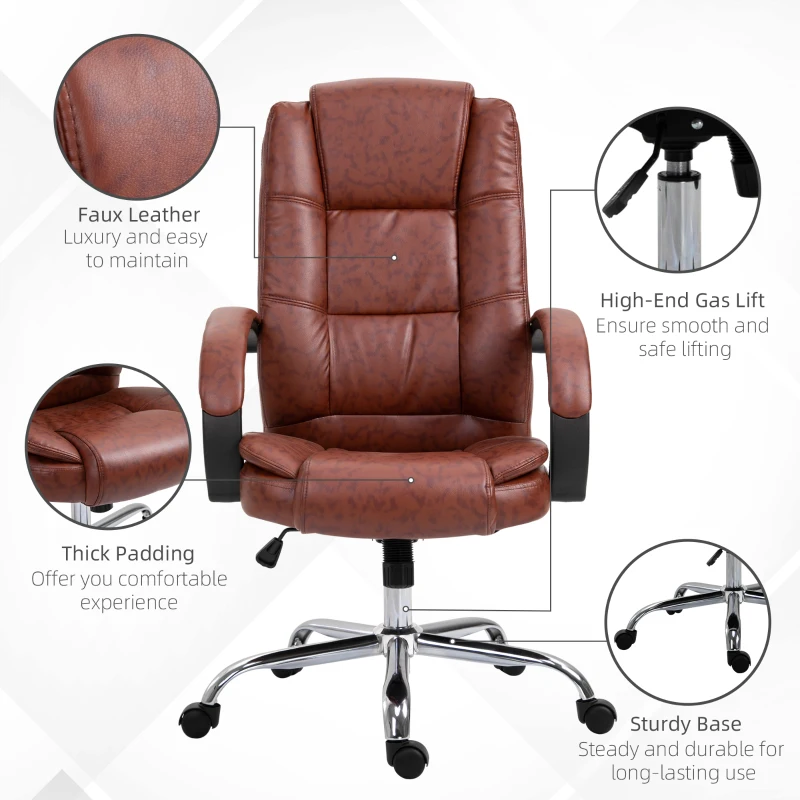 Vinsetto Office Chair, PU Leather Desk Chair with 13cm Soft Padded Seat and Backrest, Swivel Chair with Adjustable Height and Rolling Wheels, Brown