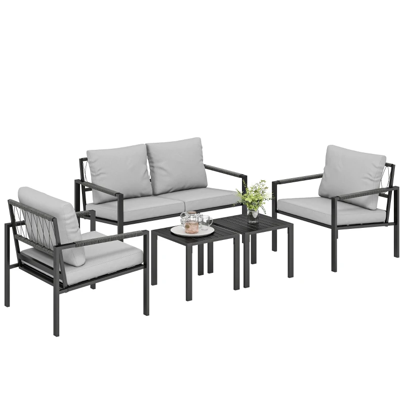 Outsunny Tuinmeubelset 4 personen weerbestendig balkonset met 2-persoonsbank, fauteuils, zitkussens, bijzettafel Lichtgrijs