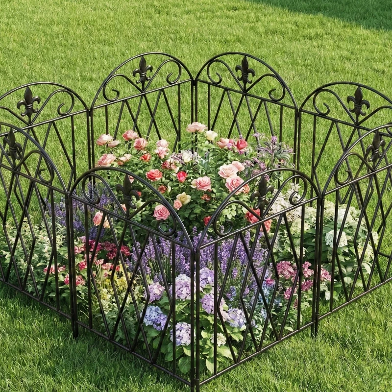 Outsunny Set de 4 Vallas de Jardín Metálicas 125x56 cm con Diseño Arqueado Resistente Fácil de Instalar para Patio Césped Negro