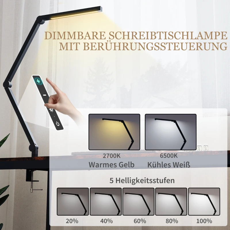 HOMCOM Bureaulamp, verstelbare helderheid en kleur, metalen klem, 96 LEDs, zwart