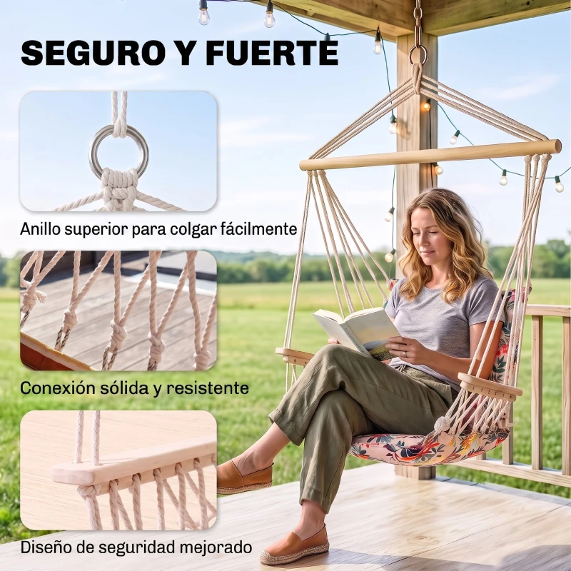 Outsunny Silla Colgante Estampado Floral Hamaca con Cojín Reposacabezas para Interior Exterior 100x106 cm Carga Máx. 100 kg