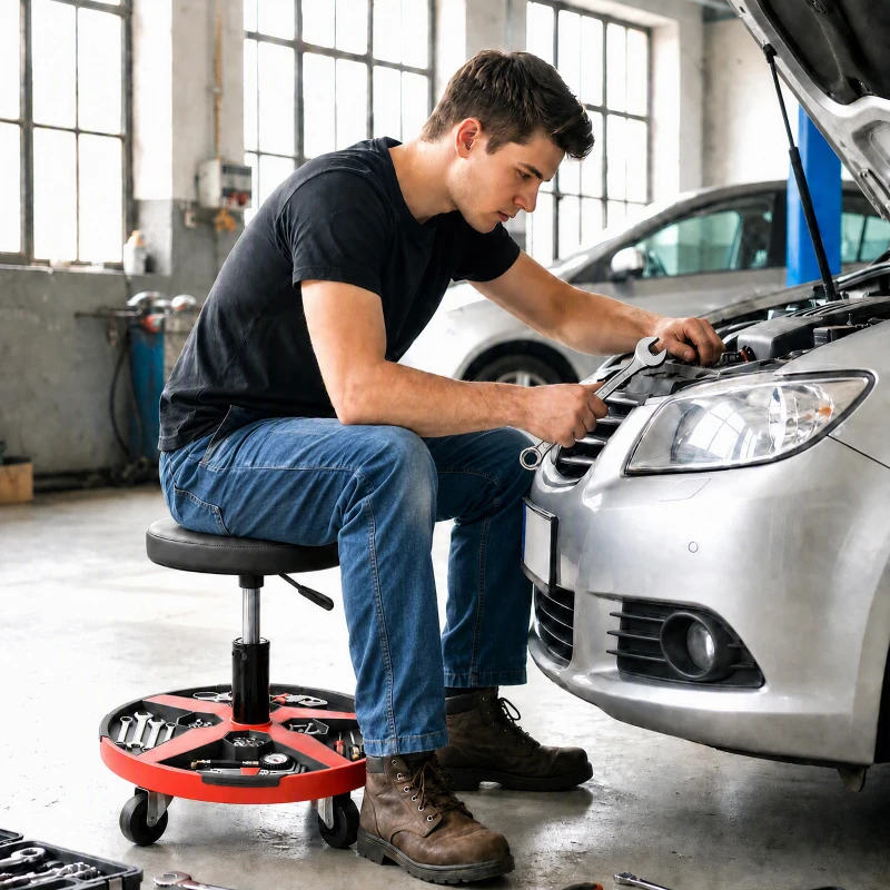 HOMCOM Rolling Mechanic Stool, 40-52 cm Height Adjustable Workshop Stool, 135kg 360° Swivel Roller Padded Creeper Seat, Black