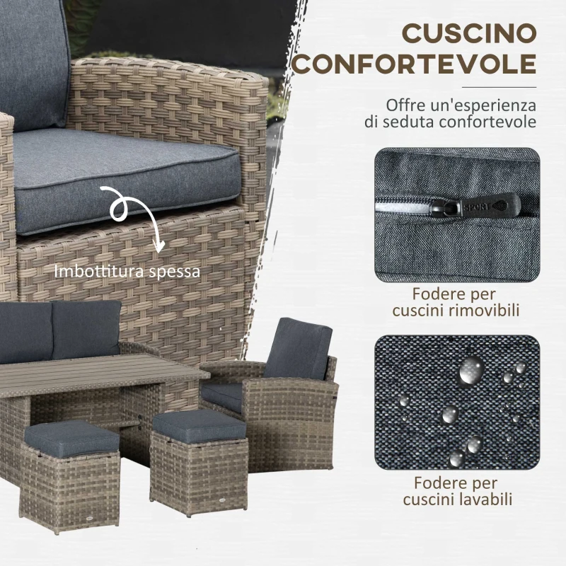 Outsunny Set Salotto da Giardino in Rattan PE con Divano 3 Posti, 2 Poltrone, 2 Sgabelli e Tavolo, Grigio
