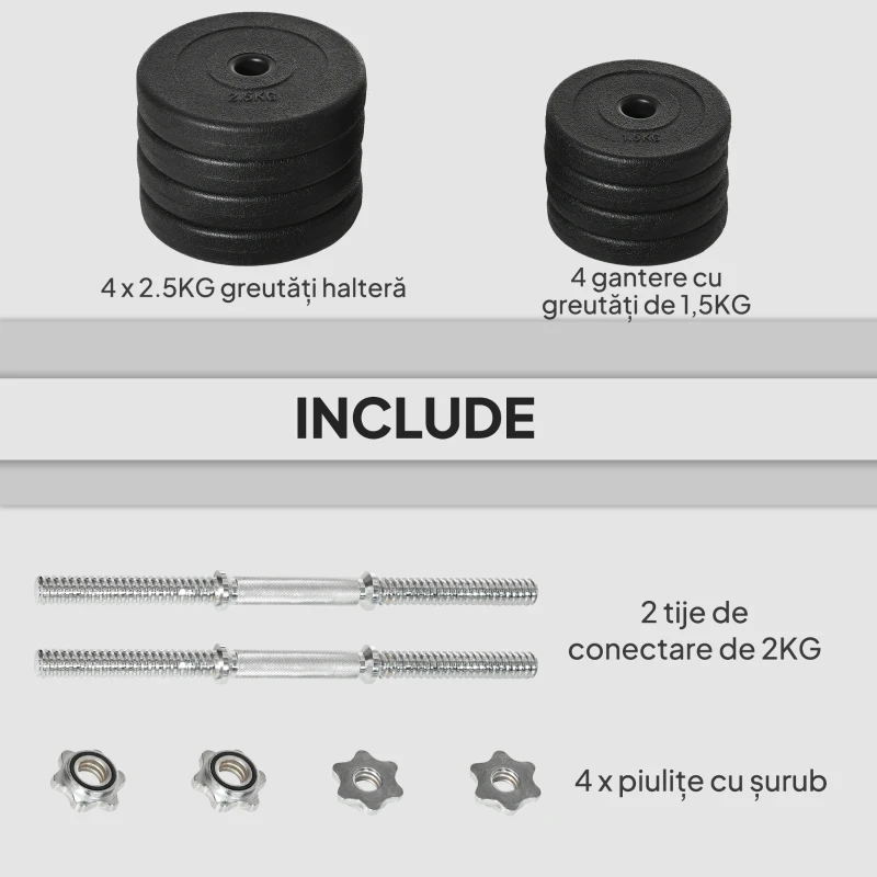 HOMCOM Set Gantere cu Greutăți de 20 kg (4x2.5 kg, 4x1.5 kg) cu 8 Discuri și 2 Gantere de 2 kg, 43x18x7.5 cm, Negru