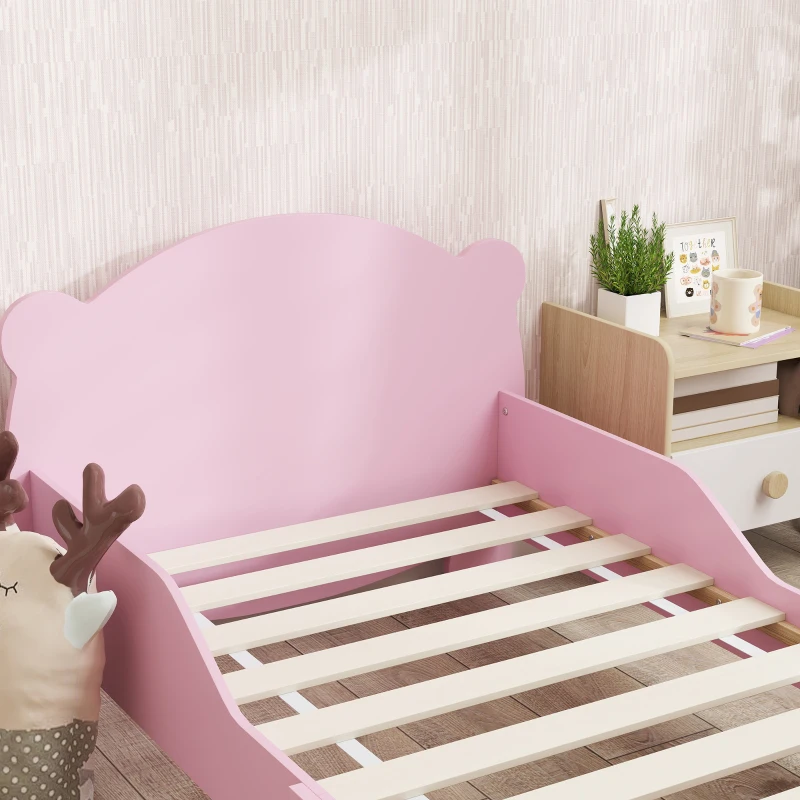 AIYAPLAY Lettino per Bambini con Testiera e Pediera a Orso e 2 Sponde Laterali, in Legno, 143.5x80x55 cm, Rosa