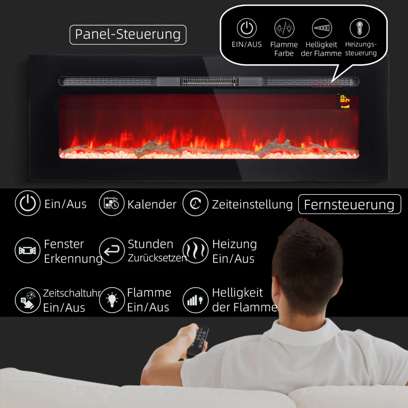 HOMCOM Elektrische Haard met Wandmontage en Afstandsbediening, Kunstmatige Houtblokken en Kristallen, 1800W Vermogen, Zwart(m-5)