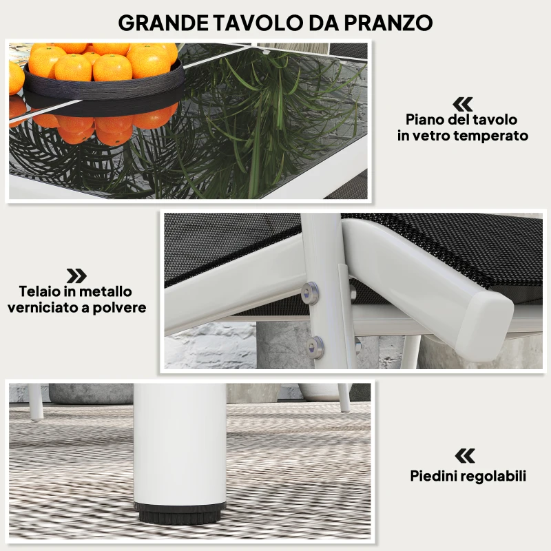 Outsunny Set da Giardino con Tavolo in Vetro e 6 Sedie Impilabili in Acciaio e Textilene, Nero