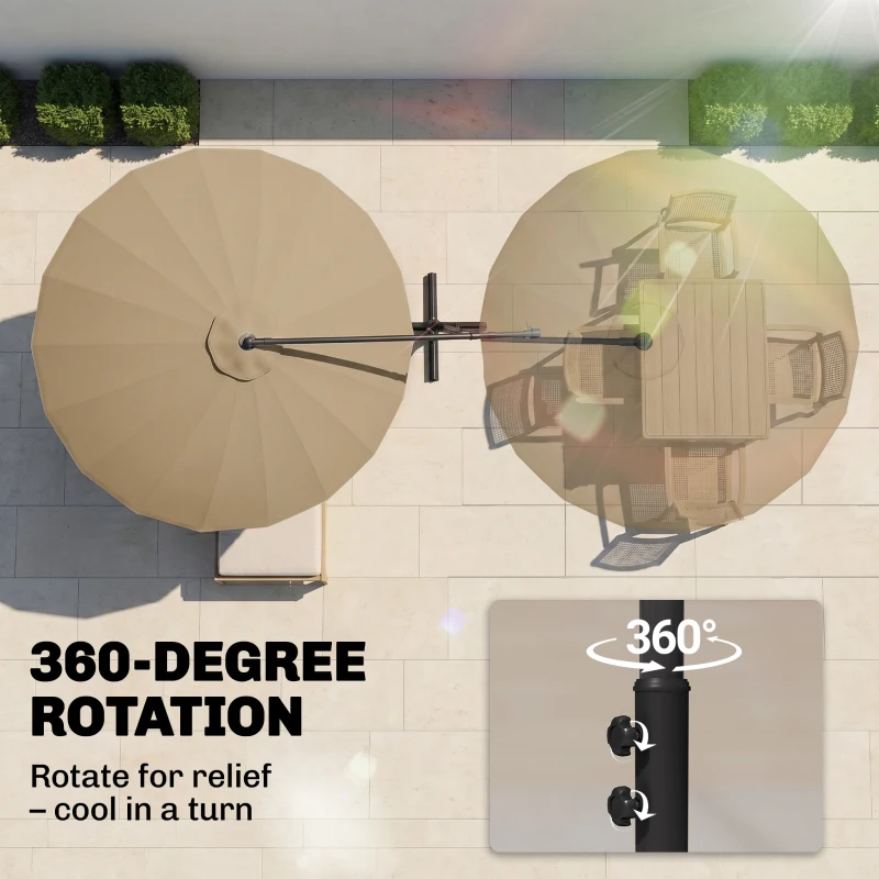 Outsunny 3(m) Cantilever Umbrella 18 Ribs & Vents Adjustable Angle for Patio Khaki