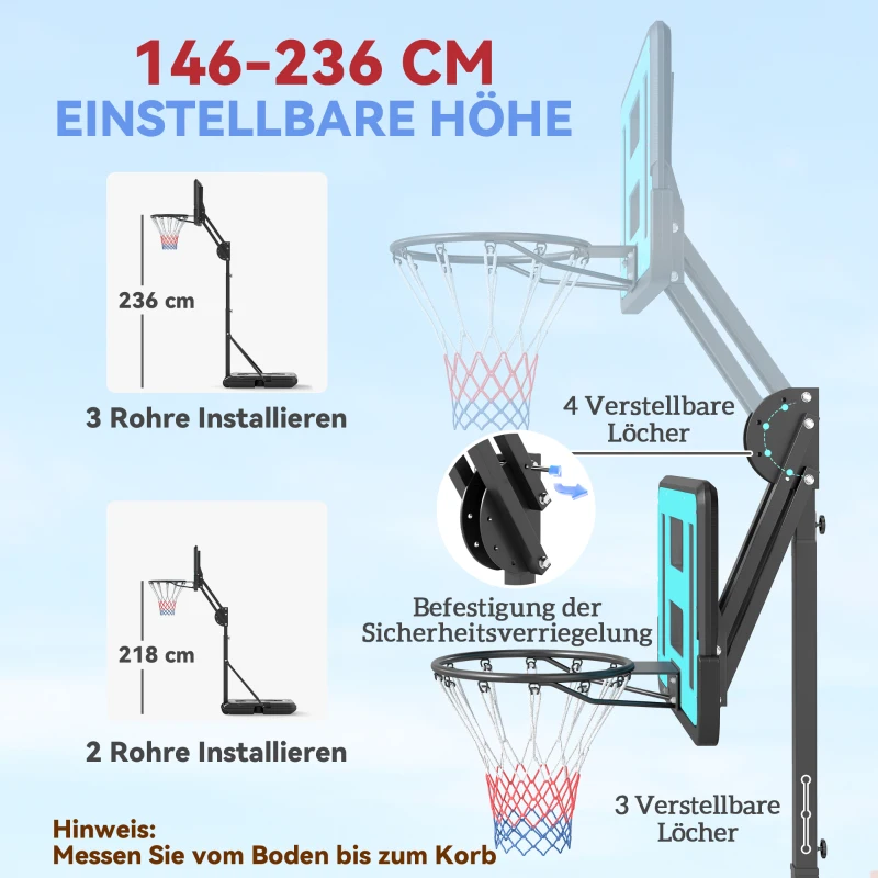 SPORTNOW Basketballkorb, 146-236 cm höhenverstellbar, Basketballständer, rollbar, Stahl, Kunststoff, Schwarz