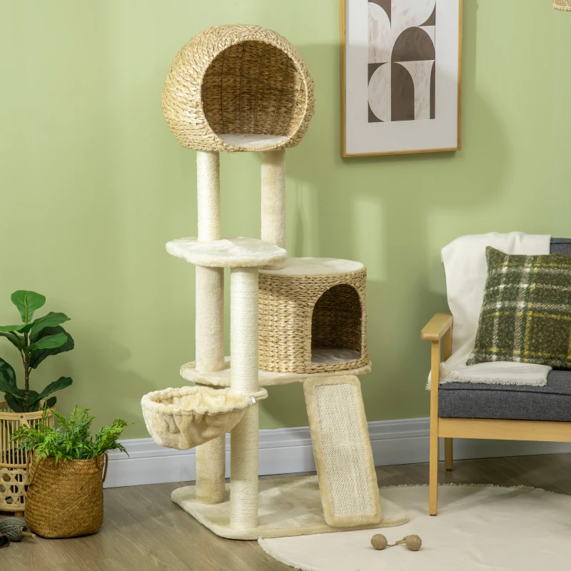 PawHut kattenboom, met kattenhuis, meerdere platforms, hangmat, krasmat, kantelbescherming, beige, 60 x 60 x 150 cm