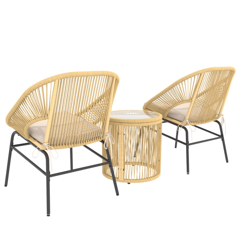 Outsunny Rattan Bistroset 3-delig tuinmeubelset met 2 tuinstoelen, glazen tafel, wasbare kussens, ergonomisch