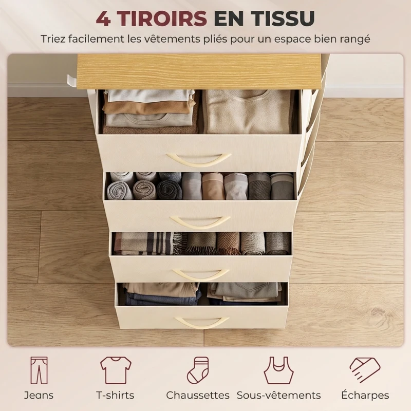 HOMCOM Commode 4 tiroirs en tissu, meuble de rangement avec 4 poches, 2 crochets, structure en acier, 45 x 30 x 94,5 cm, Beige