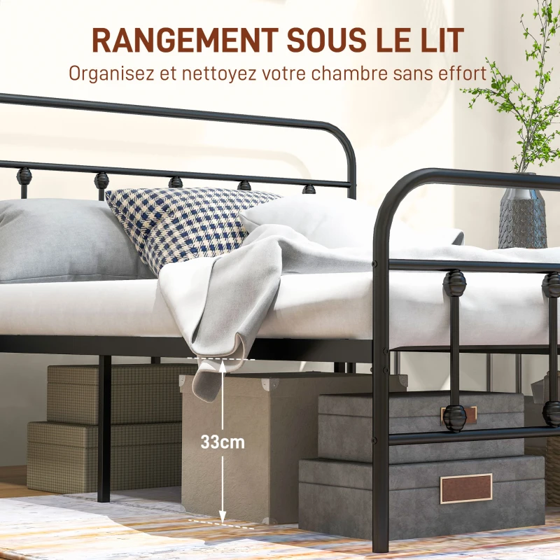 HOMCOM Cadre de lit 140 x 200 cm 2 personnes en acier sommier à lattes tête de lit et pied de lit rangement sous le lit noir