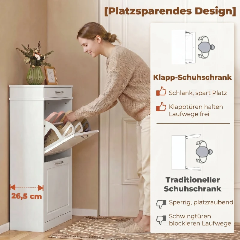 HOMCOM Schoenenkast met 2 kleppen, smal rek met lade en verstelbare schotten, voor 8 paar schoenen
