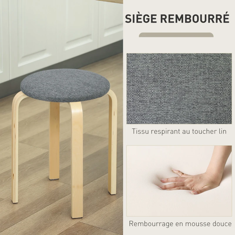 HOMCOM Ensemble de 4 tabourets empilables ronds sans dossier avec assise rembourrée, 40 x 40 x 45 cm, gris