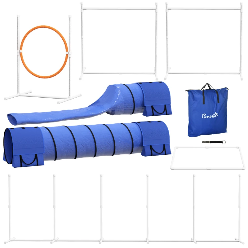 PawHut Honden-Agility-Set Hondenparcours, 1 ring, 2 tunnels, 2 hindernissen, 321 cm x 63 cm x 93 cm, Blauw + Rood + Wit(m-10)