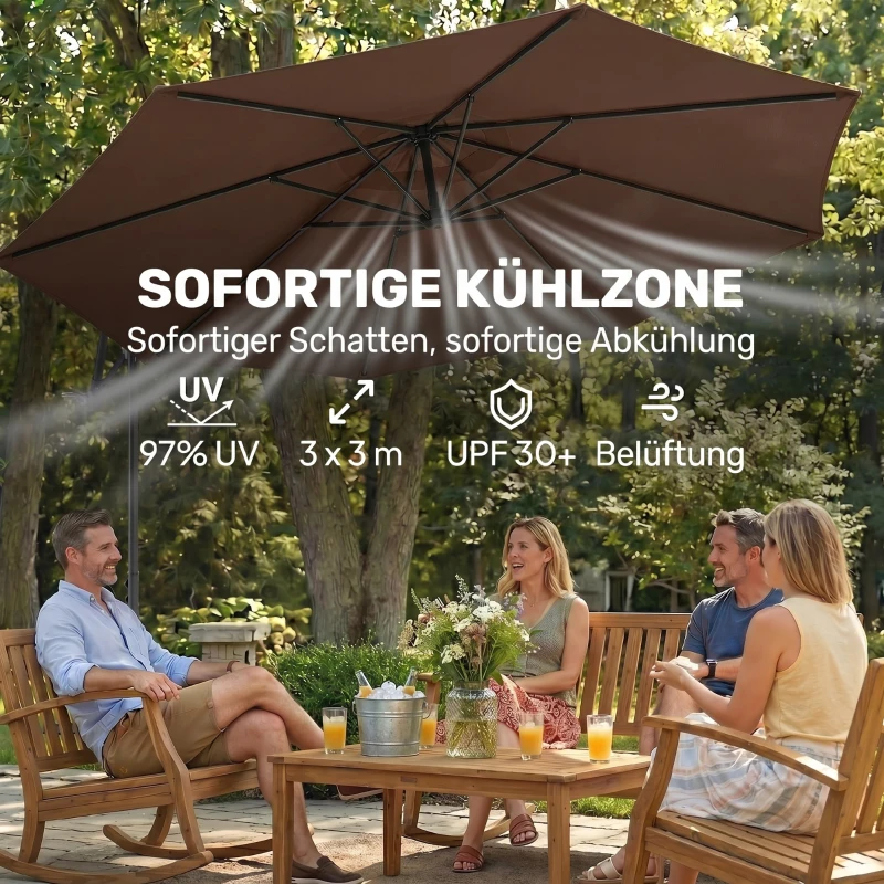 Outsunny afneembare parasol zweefparasol zwengelparasol met handkruk, koffie