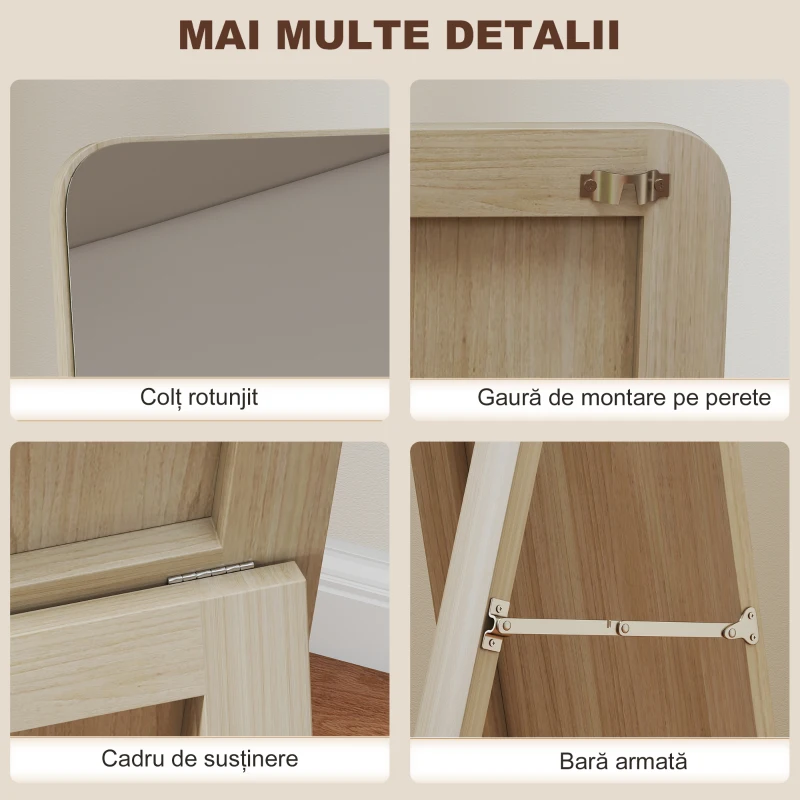 HOMCOM Oglindă de Podea și de Perete cu Cadru din Lemn și Suport Pliabil, 37 x 43 x 156 cm, Culoare Lemn
