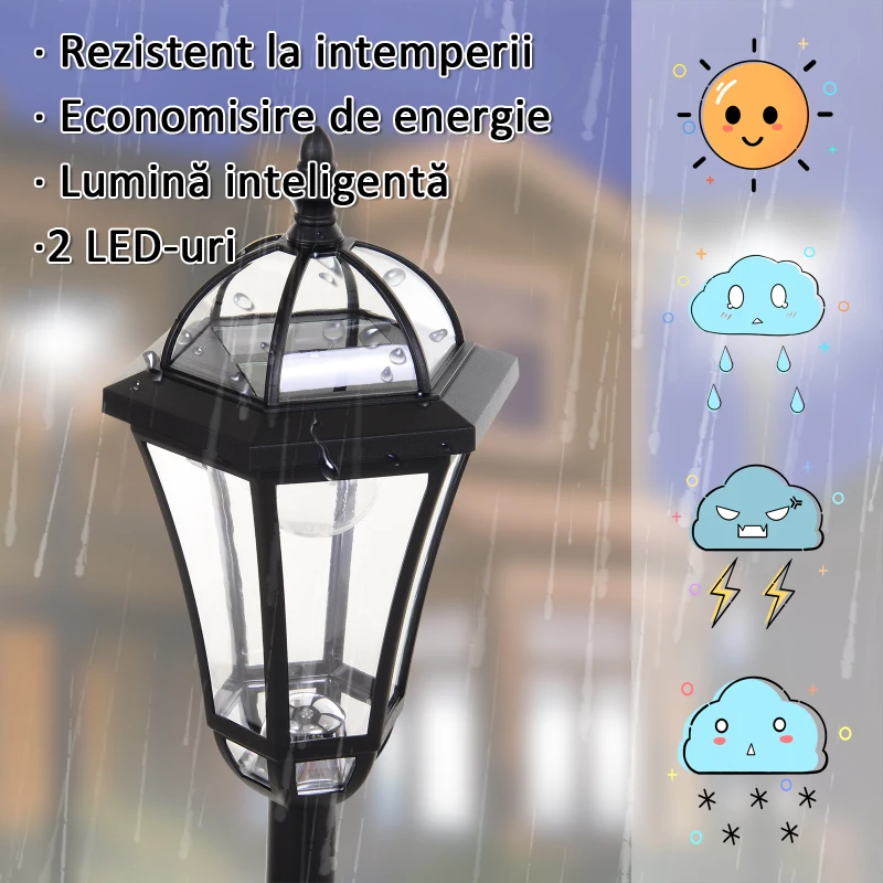 Outsunny Set 2 Felinare Solare pentru Grădină cu 2 LED-uri și Aprindere Automată, Negru