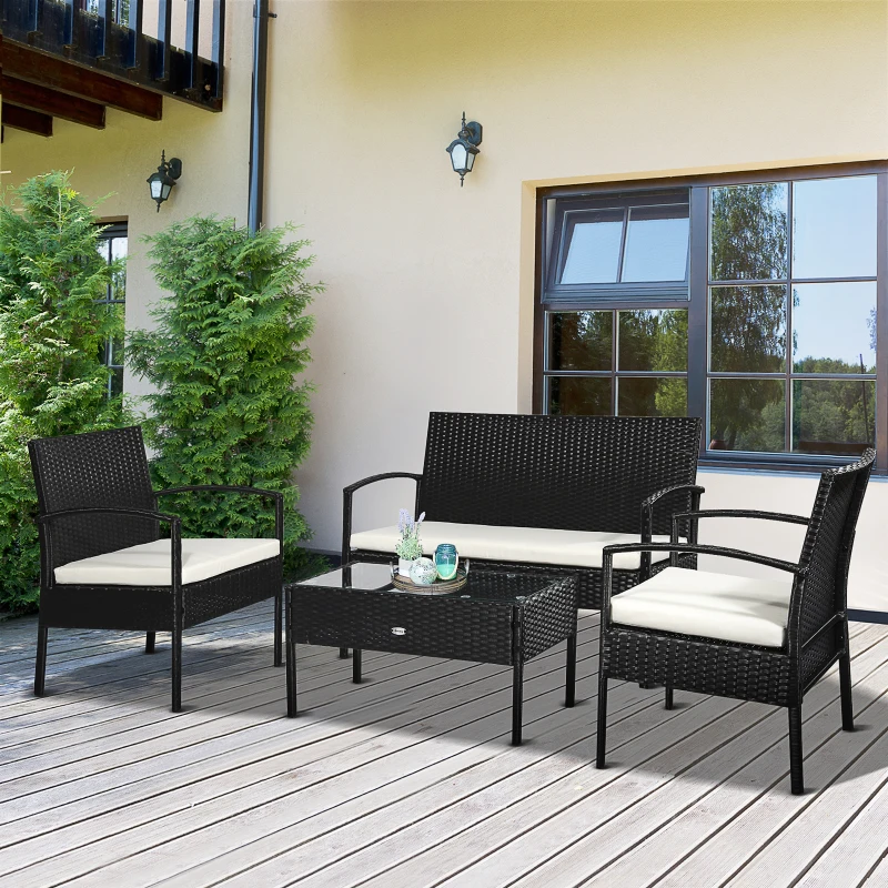 Outsunny Ensemble salon de jardin 4 places : canapé, 2 fauteuils et table basse plateau verre trempé résine tressée 4 fils  imitation rotin noir coussins blanc