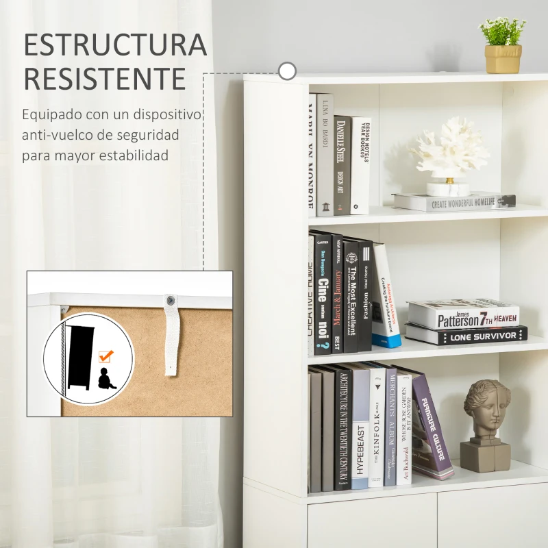 HOMCOM Estantería Librería con 3 Compartimentos Abiertos y 1 Armario con Estante Ajustable Almacenaje para Salón Estudio 70x29,5x167 cm Blanco