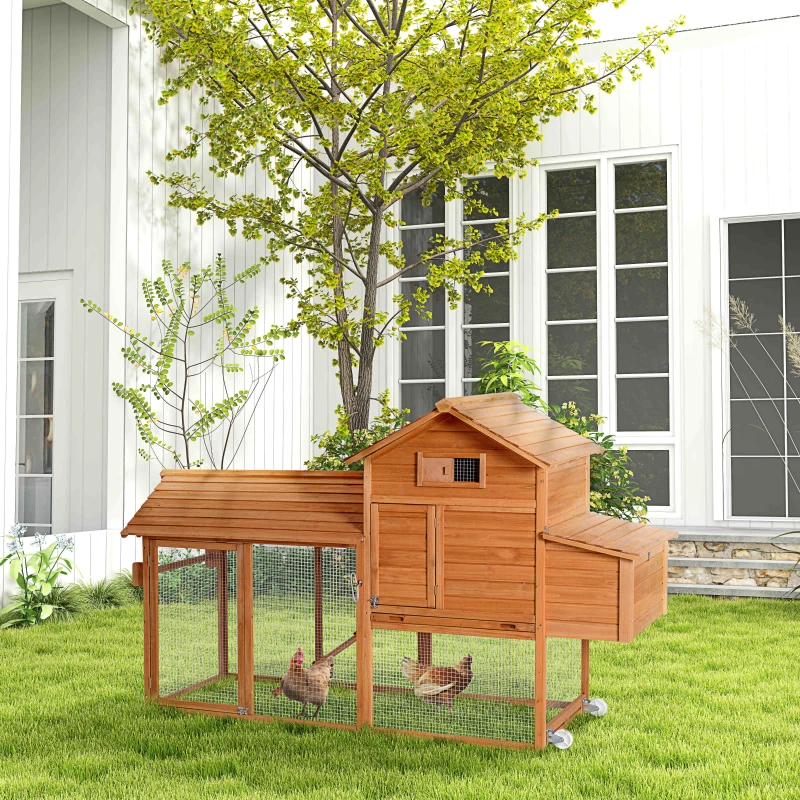 PawHut Gallinero Exterior con Ruedas 210x90x130 cm Jaula para Gallinas de Madera con Corral de Metal Techo Abatible Natural