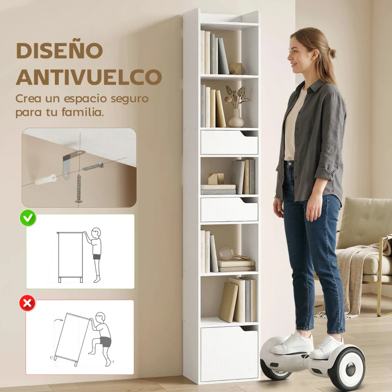 HOMCOM Estantería para Libros con 2 Cajones y Puerta Librería Estrecha con 6 Estantes Abiertos 32x24x181,5 cm Blanco