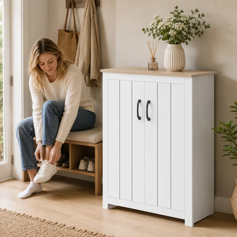 HOMCOM Sapateira 4 Níveis 12 Pares Armário para Sapatos 2 Portas e Prateleiras Ajustáveis 80x32,8x105 cm Carvalho e Branco