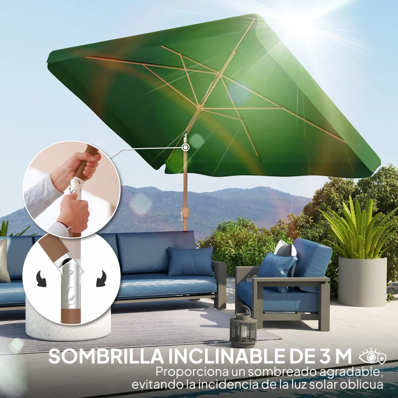 Outsunny Sombrilla de Terraza Exterior 300x200x245 cm con Ángulo Ajustable Mástil de Aluminio Manivela y Protección UV 50+ Verde