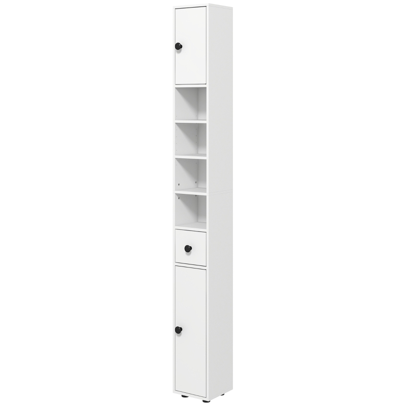 kleankin Mueble Auxiliar Baño Moderno con 1 Cajón 5 Estantes y 2 Armarios para Salón Dormitorio Carga 30 kg 20x20x180 cm Blanco