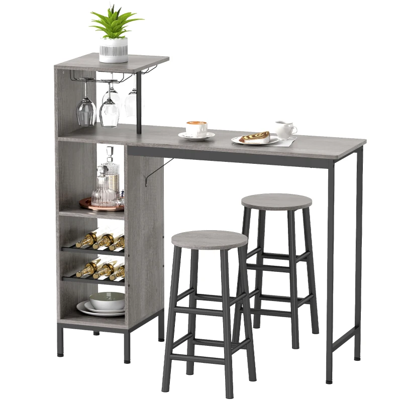HOMCOM 3 Pieces Dining Room Set, 2 Round Stools with Footrest, 6-Tier Dining Table with Storage Shelves, Natural