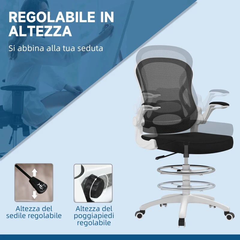 Vinsetto Sedia da Ufficio Ergonomica in Tessuto Traspirante con Altezza Regolabile e Braccioli Ribaltabili, 59x65x110-130 cm