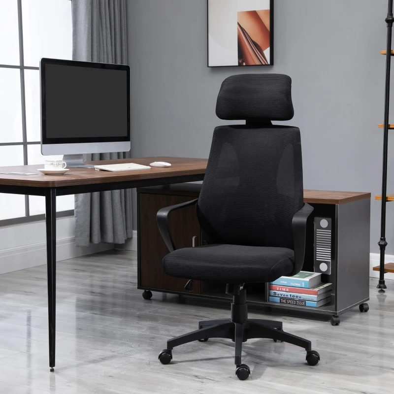 Vinsetto Chaise bureau ergonomique, fauteuil de bureau en maille, appui-tête, hauteur réglable, 64 x 55 x 116-126 cm, noir