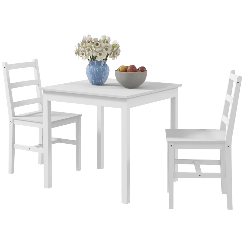 HOMCOM 3-delig Eettafelset Eetgroep Tafel met Stoelen, Grenenhout, Wit
