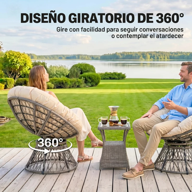 Outsunny Poltrona Papasan Giratória de Vime Sintético com Almofada e Estrutura de Aço para Jardim Pátio 87x97x90 cm Cinza e Creme