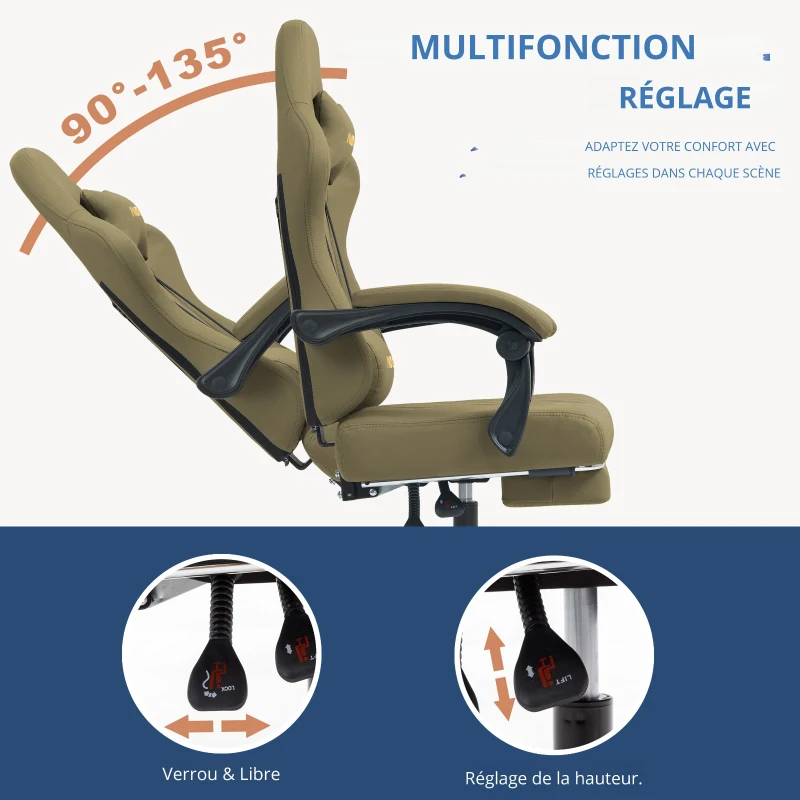 Chaise gamer avec repose-pieds, coussin doux pour la nuque et les lombaires, coussins de soutien amovibles, 60x60x122 cm, Vert