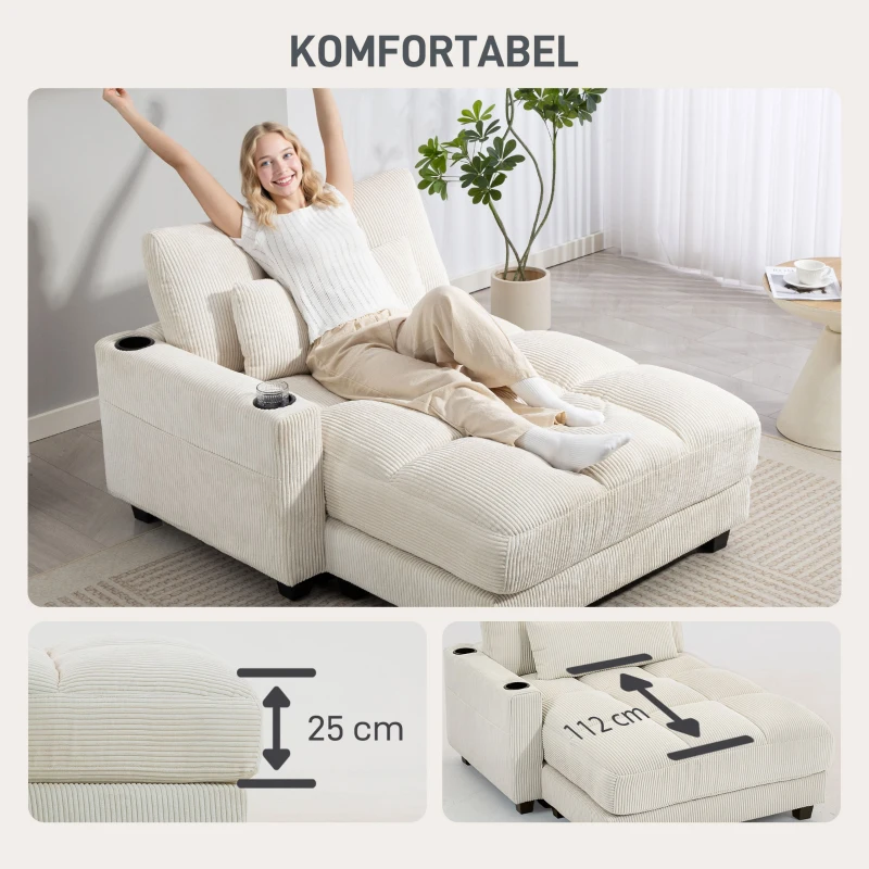 HOMCOM Slaapbank met kussen, schuimvulling, om te bouwen tot bed, bekerhouder, crèmewit(m-6)