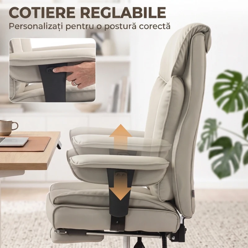 HOMCOM Scaun de Birou Rotativ Rabatabil 135°, Piele Ecologică, Suport pentru Picioare, Cotiere și Înălțime Reglabile, Gri Deschis