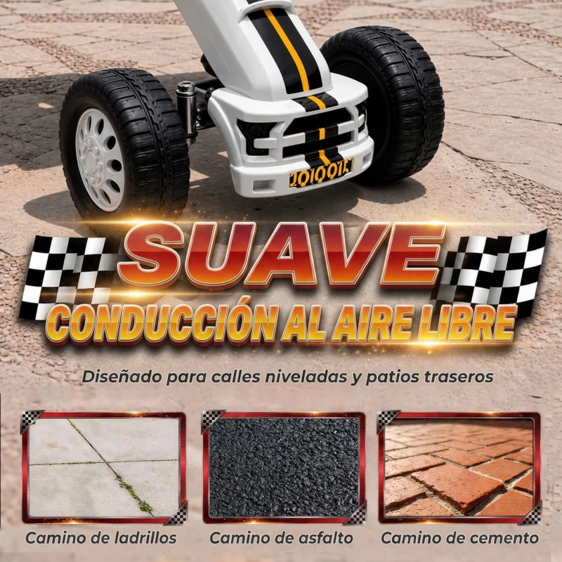 AIYAPLAY Go Kart para Niños de +3 Años con Asiento Ajustable Volante Freno Manual Marco de Aluminio y Acero Carga 30 kg Blanco