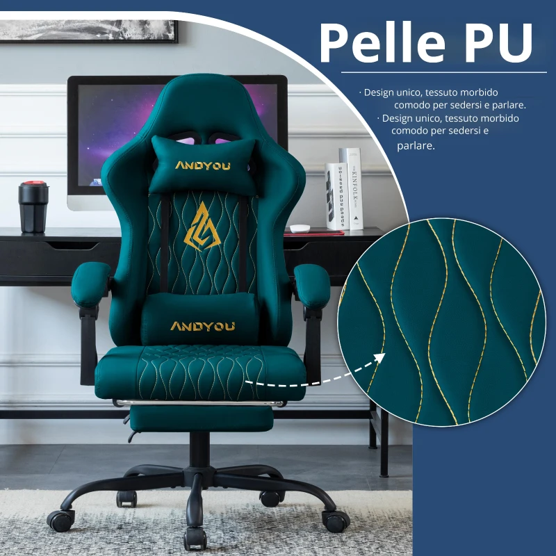 Sedia da gaming con poggiapiedi, morbido cuscino per collo e zona lombare, cuscini di supporto rimovibili, 60x60x122 cm, Blu marino