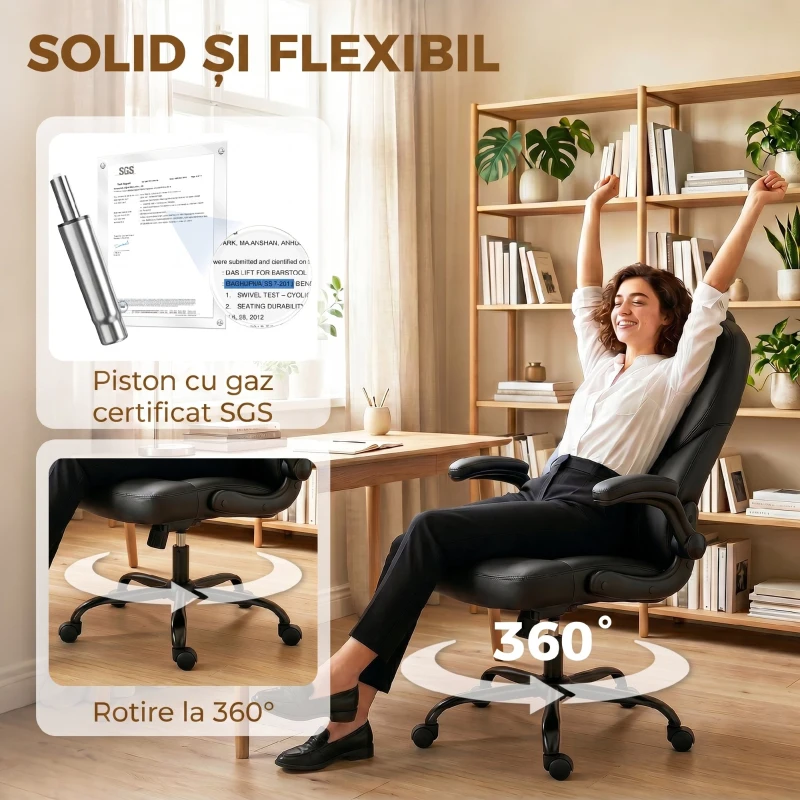 HOMCOM Scaun de Birou Rotativ, Funcție de Balansare, Suporturi Rabatabile pentru Brațe, Spătar Înalt, Negru