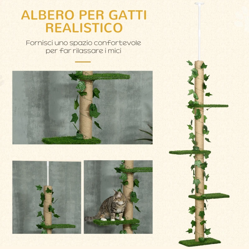 PawHut Albero Tiragraffi per Gatti a Soffitto Alto 202-242 cm Regolabile con Asta di Tensione, Verde