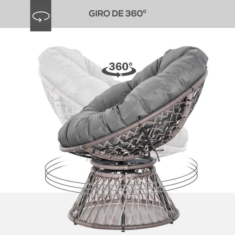 Outsunny Sillón Papasan Giratorio 360° de Ratán Sintético con Cojín Carga 160 kg para Exterior Jardín Terraza 87x97x86 cm Gris
